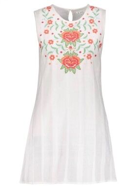 Sleeveless White Shift Dress with Pink Floral Embroidery